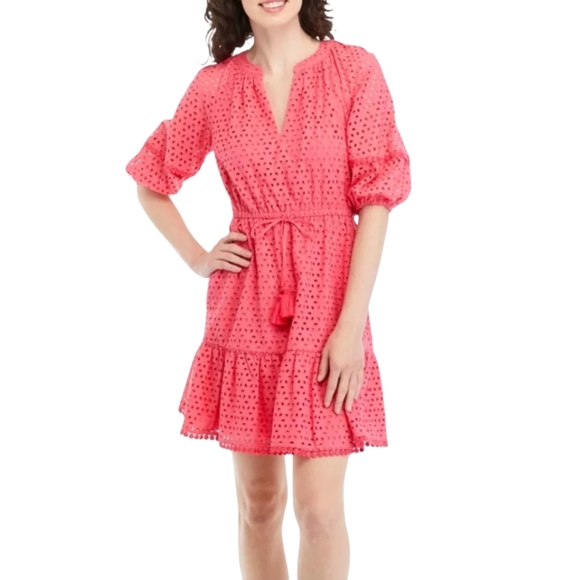 NEW Vince Camuto Pink Eyelet Fit & Flare Cotton Tassle Waist Midi Dress Size 6